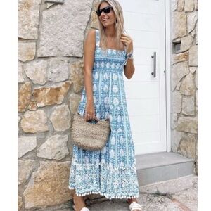 ZARA Boho Floral Paisley Eyelet Maxi Dress Smocked Tiered Pom Pom Blue Large